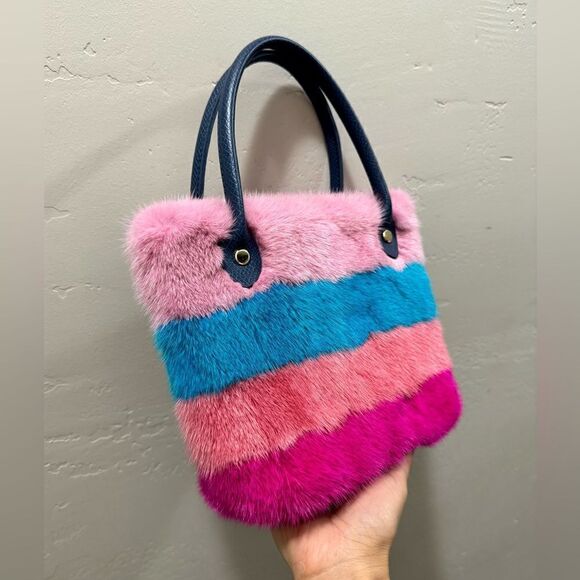 Colorful Striped Handmade Real Mink Fur Mini Tote/Crossbody & Pony Bag Charm - Picture 11 of 16